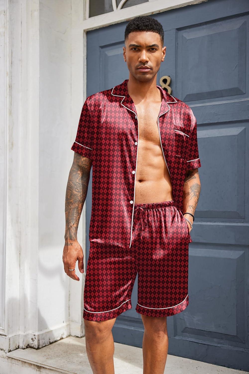 imageEkouaer Mens Silk Satin Pajamas Set Short Sleeve Sleepwear Lightweight Button Up Lounge Pjs Set with Pockets S4XLRed Diamond Pattern