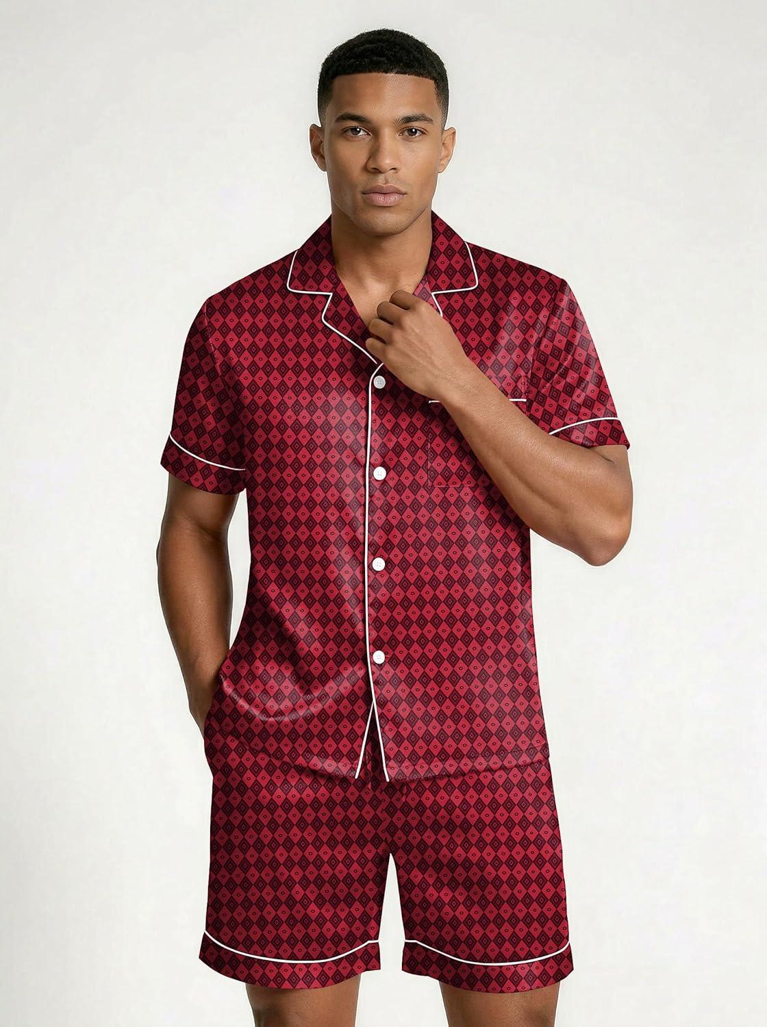 imageEkouaer Mens Silk Satin Pajamas Set Short Sleeve Sleepwear Lightweight Button Up Lounge Pjs Set with Pockets S4XLRed Diamond Pattern