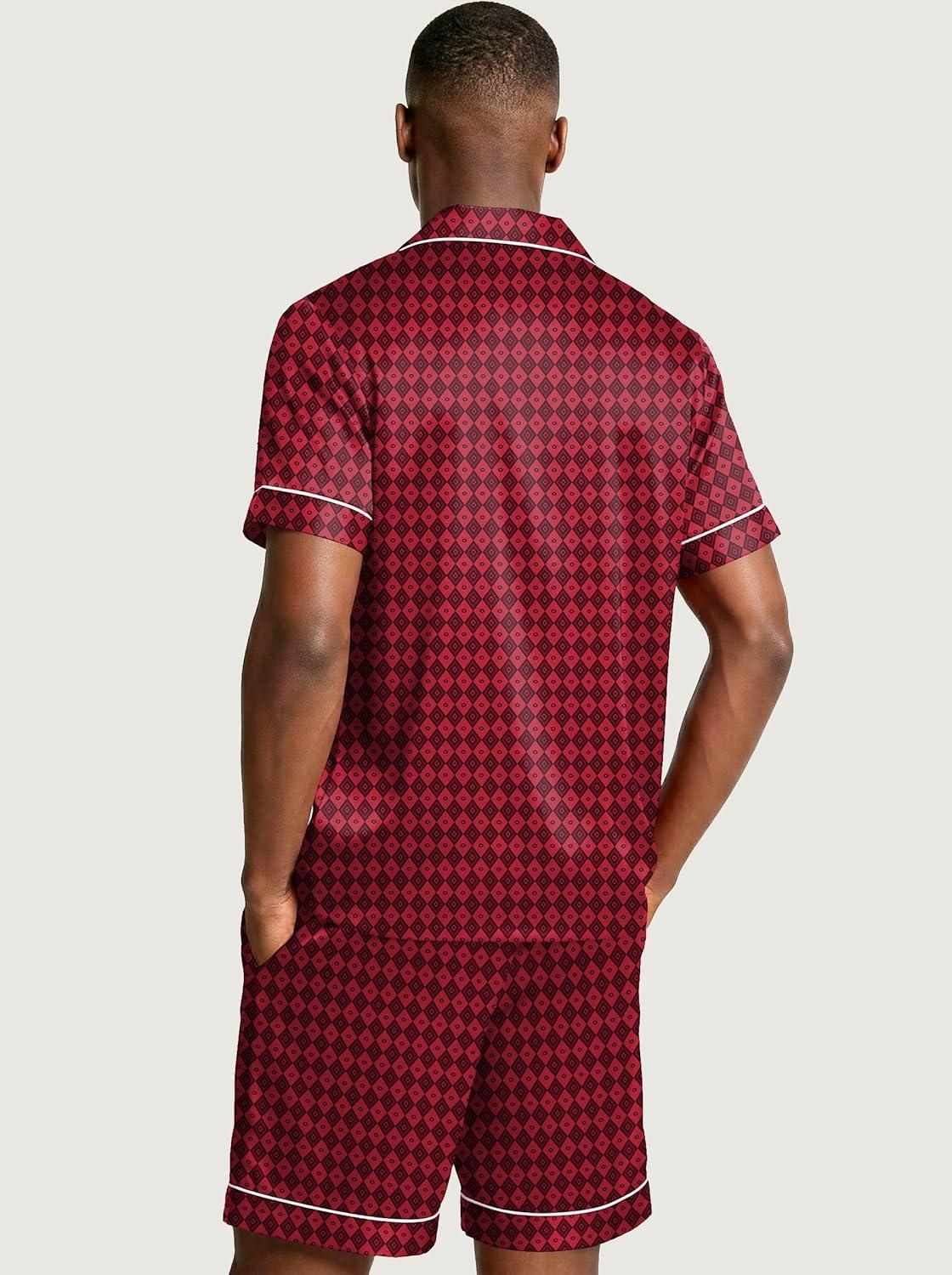imageEkouaer Mens Silk Satin Pajamas Set Short Sleeve Sleepwear Lightweight Button Up Lounge Pjs Set with Pockets S4XLRed Diamond Pattern