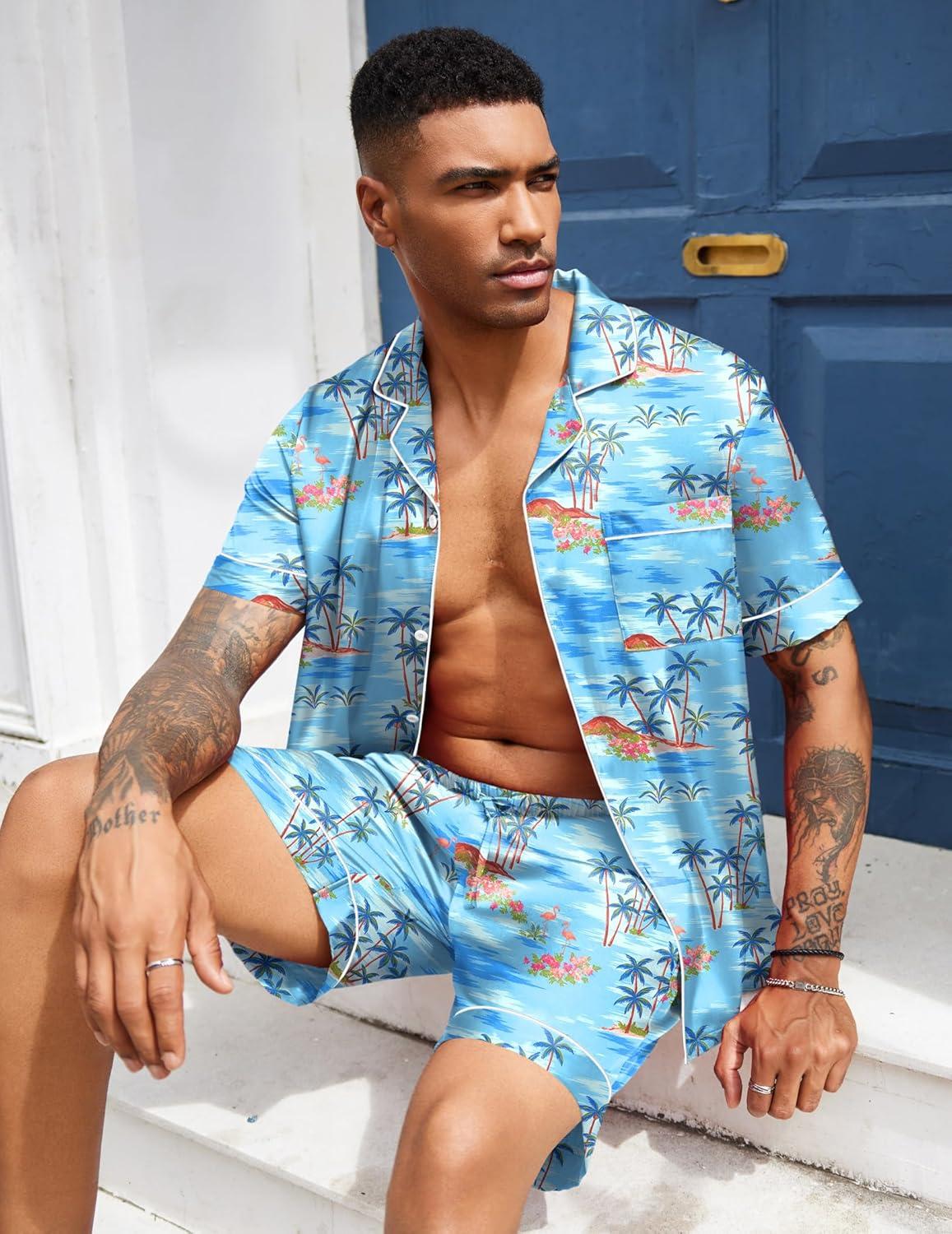 imageEkouaer Mens Silk Satin Pajamas Set Short Sleeve Sleepwear Lightweight Button Up Lounge Pjs Set with Pockets S4XLSerene Blue