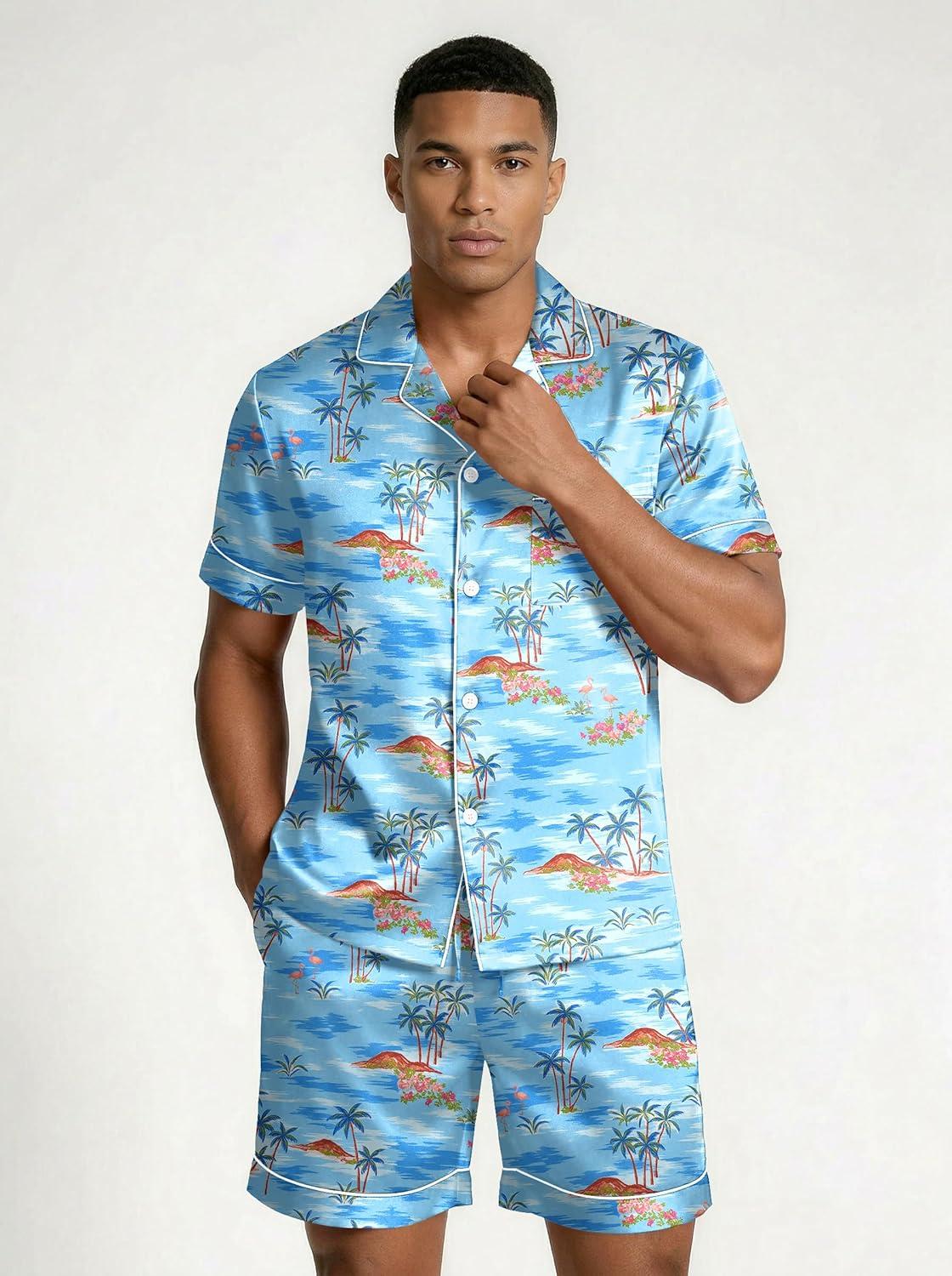 imageEkouaer Mens Silk Satin Pajamas Set Short Sleeve Sleepwear Lightweight Button Up Lounge Pjs Set with Pockets S4XLSerene Blue
