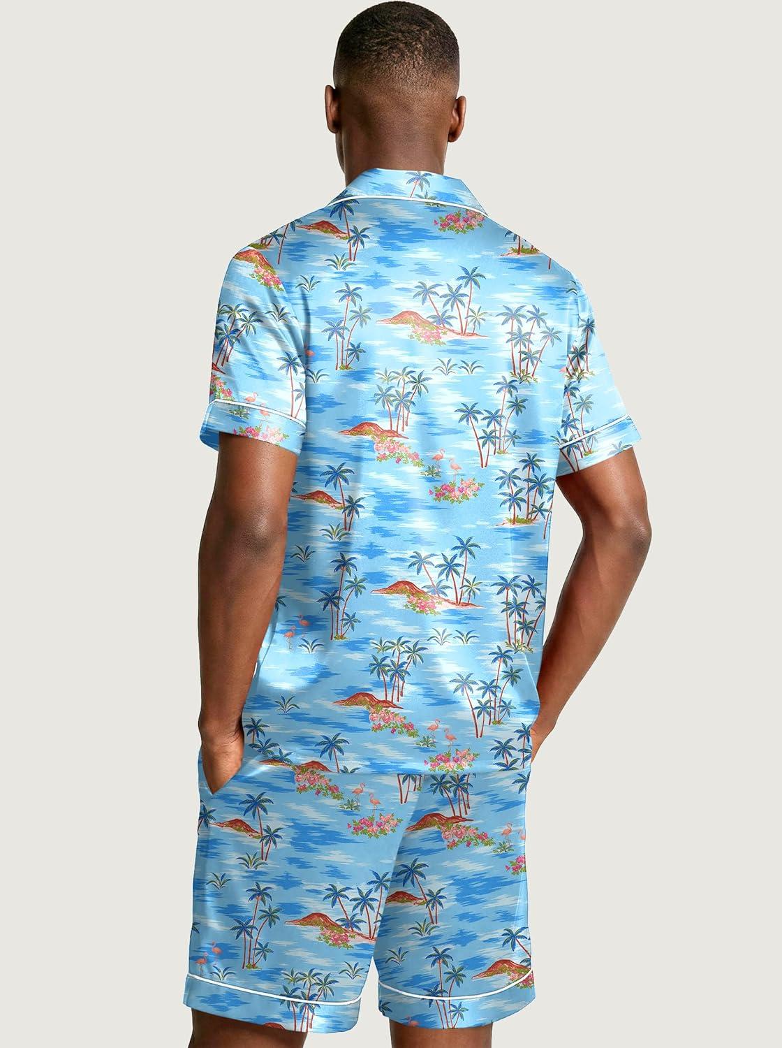 imageEkouaer Mens Silk Satin Pajamas Set Short Sleeve Sleepwear Lightweight Button Up Lounge Pjs Set with Pockets S4XLSerene Blue