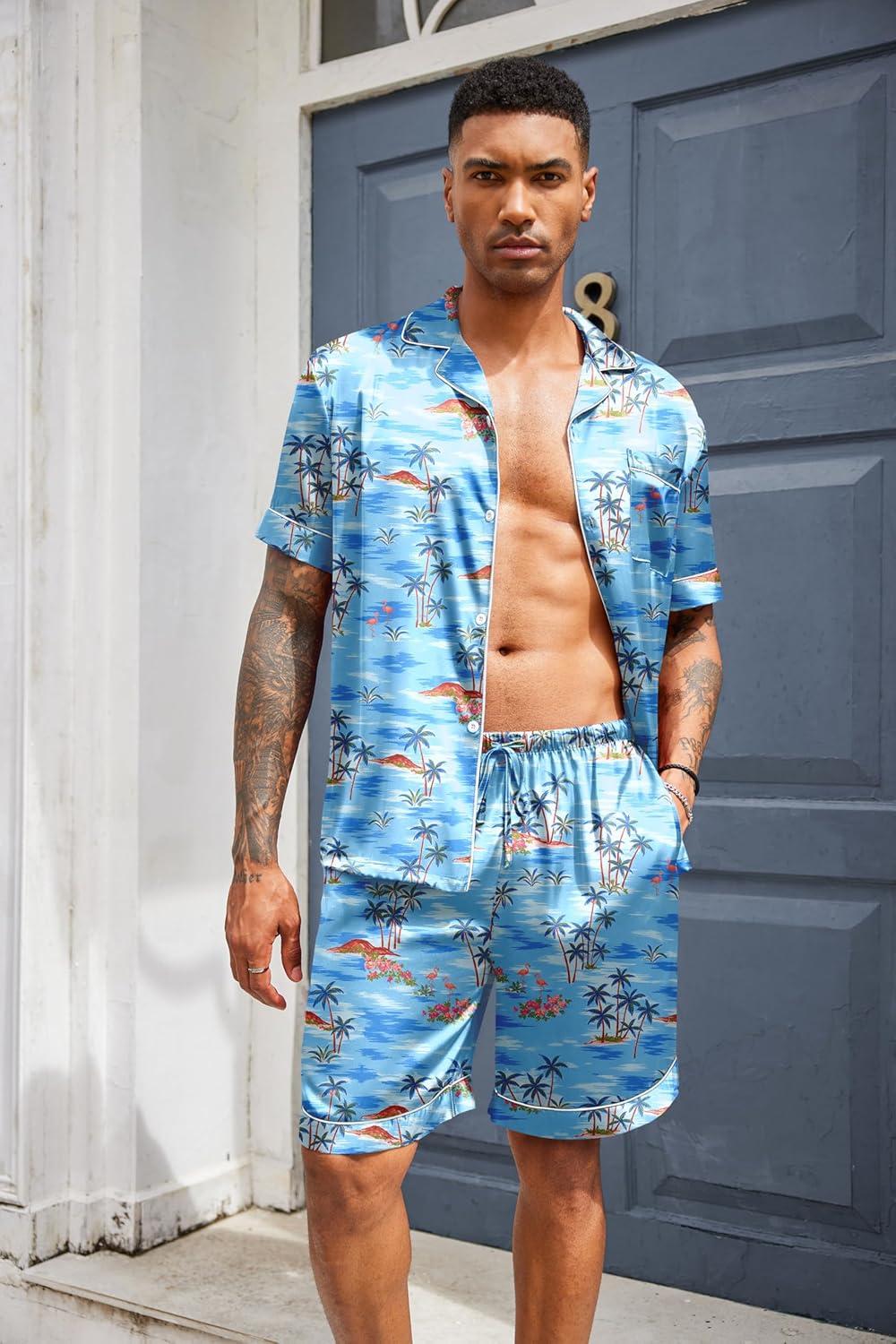 imageEkouaer Mens Silk Satin Pajamas Set Short Sleeve Sleepwear Lightweight Button Up Lounge Pjs Set with Pockets S4XLSerene Blue