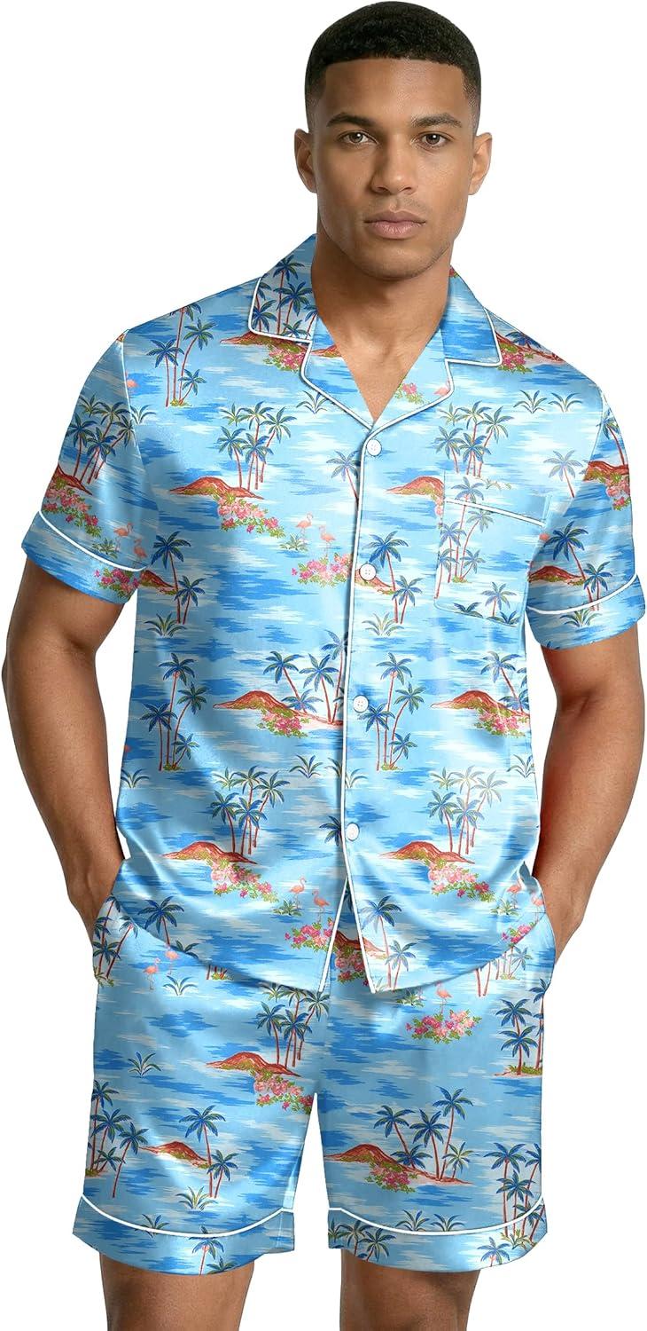 imageEkouaer Mens Silk Satin Pajamas Set Short Sleeve Sleepwear Lightweight Button Up Lounge Pjs Set with Pockets S4XLSerene Blue