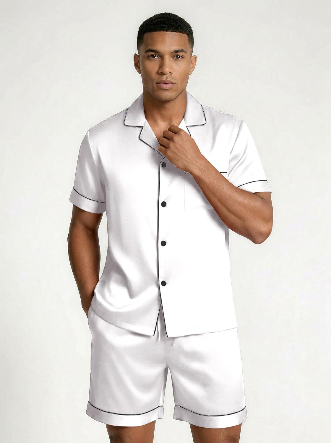 imageEkouaer Mens Silk Satin Pajamas Set Short Sleeve Sleepwear Lightweight Button Up Lounge Pjs Set with Pockets S4XLWhite