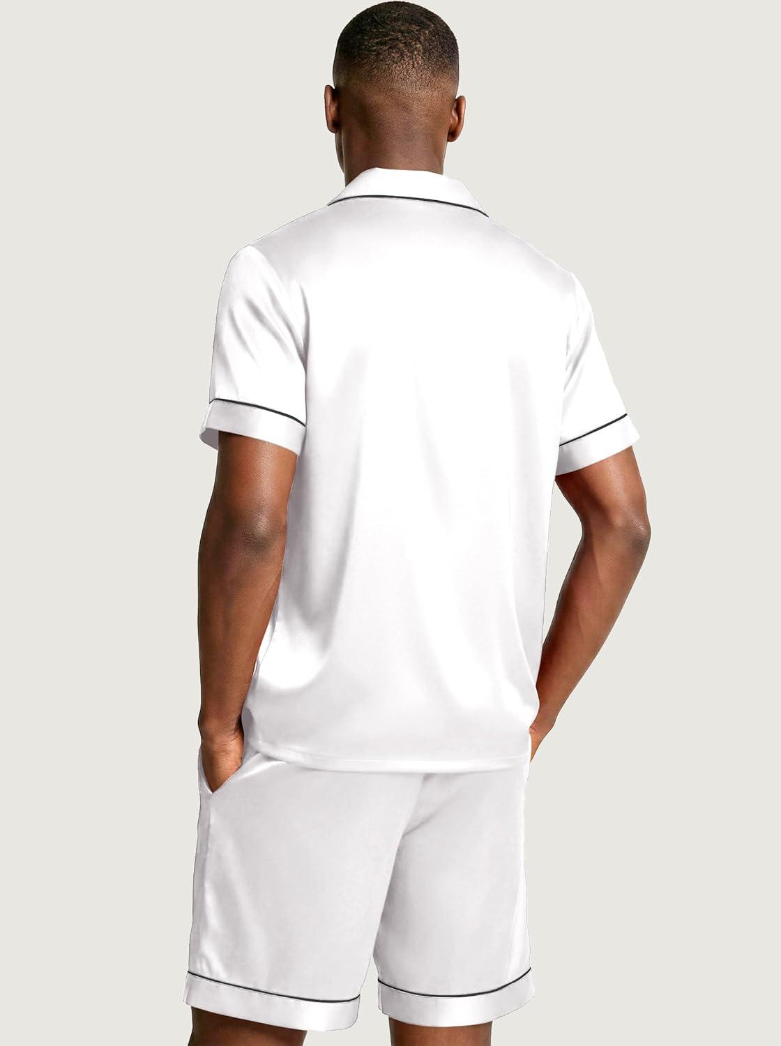 imageEkouaer Mens Silk Satin Pajamas Set Short Sleeve Sleepwear Lightweight Button Up Lounge Pjs Set with Pockets S4XLWhite