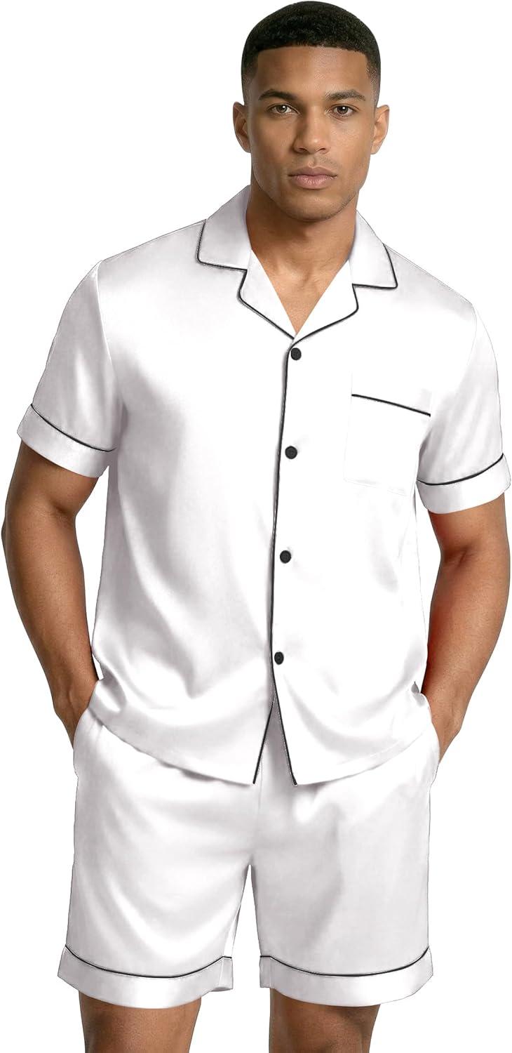 imageEkouaer Mens Silk Satin Pajamas Set Short Sleeve Sleepwear Lightweight Button Up Lounge Pjs Set with Pockets S4XLWhite