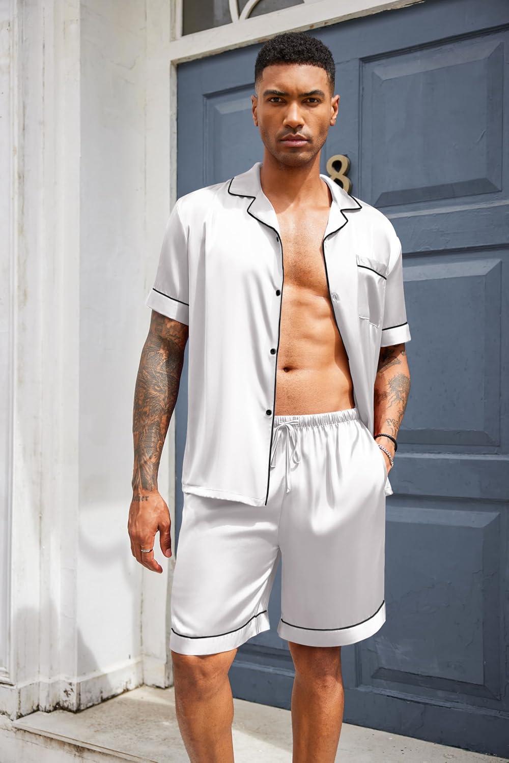 imageEkouaer Mens Silk Satin Pajamas Set Short Sleeve Sleepwear Lightweight Button Up Lounge Pjs Set with Pockets S4XLWhite