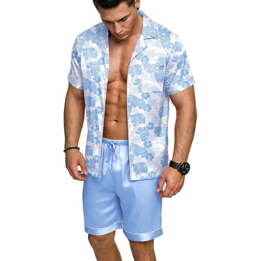 imageEkouaer Mens Silk Satin Pajamas Set Short Sleeve Sleepwear Lightweight Button Up Lounge Pjs Set with Pockets S4XLBlue Botanical Print