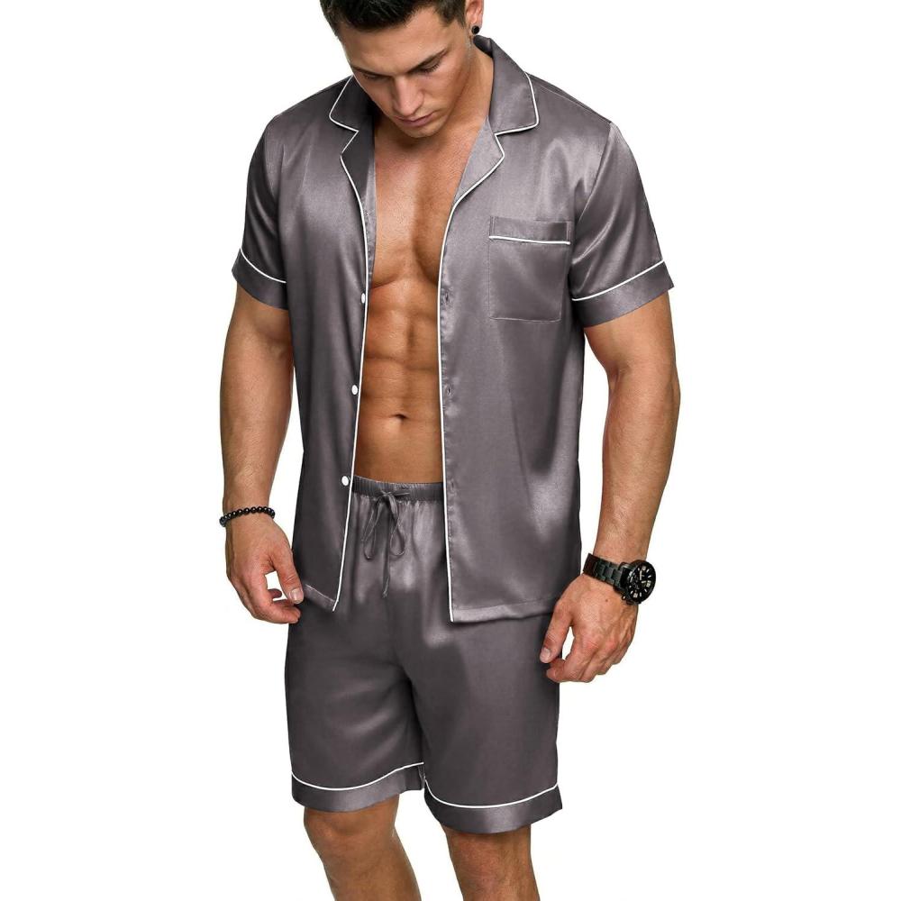 imageEkouaer Mens Silk Satin Pajamas Set Short Sleeve Sleepwear Lightweight Button Up Lounge Pjs Set with Pockets S4XLDark Gray