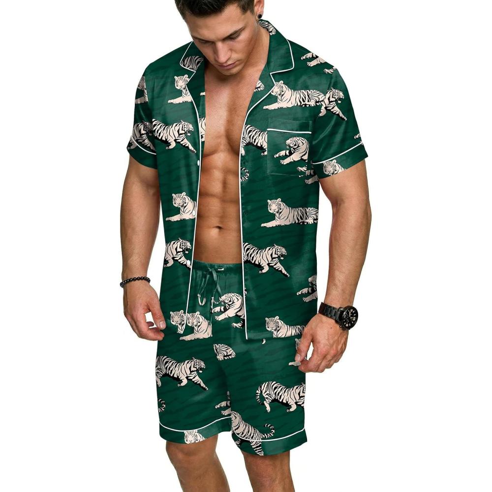 imageEkouaer Mens Silk Satin Pajamas Set Short Sleeve Sleepwear Lightweight Button Up Lounge Pjs Set with Pockets S4XLDeep TealTiger