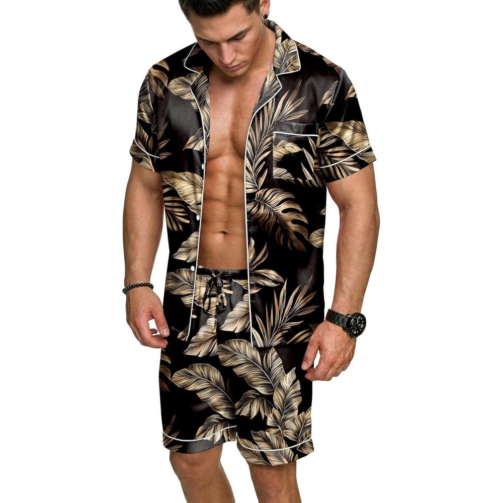 imageEkouaer Mens Silk Satin Pajamas Set Short Sleeve Sleepwear Lightweight Button Up Lounge Pjs Set with Pockets S4XLGold Tropical Print