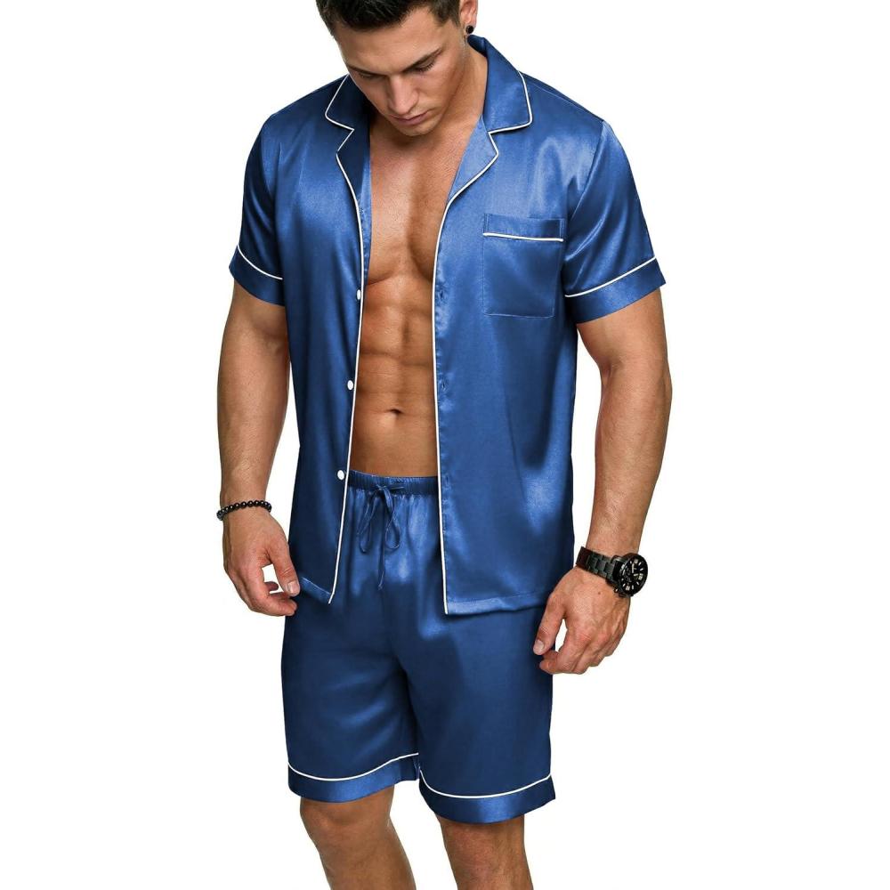 imageEkouaer Mens Silk Satin Pajamas Set Short Sleeve Sleepwear Lightweight Button Up Lounge Pjs Set with Pockets S4XLNavy Blue