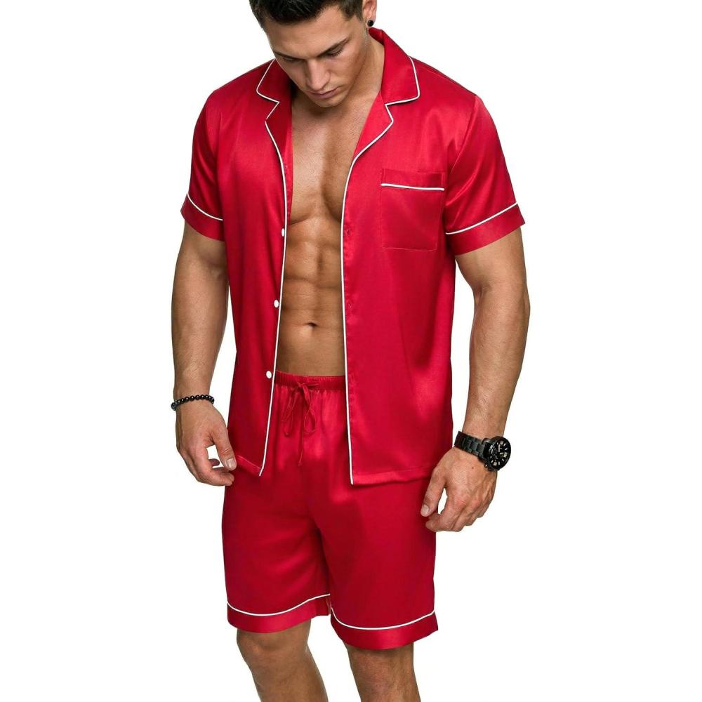 imageEkouaer Mens Silk Satin Pajamas Set Short Sleeve Sleepwear Lightweight Button Up Lounge Pjs Set with Pockets S4XLRed
