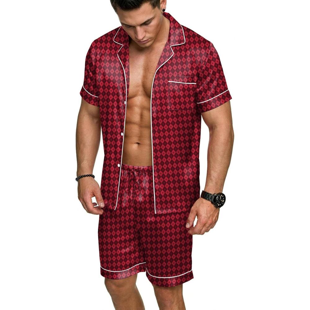 imageEkouaer Mens Silk Satin Pajamas Set Short Sleeve Sleepwear Lightweight Button Up Lounge Pjs Set with Pockets S4XLRed Diamond Pattern