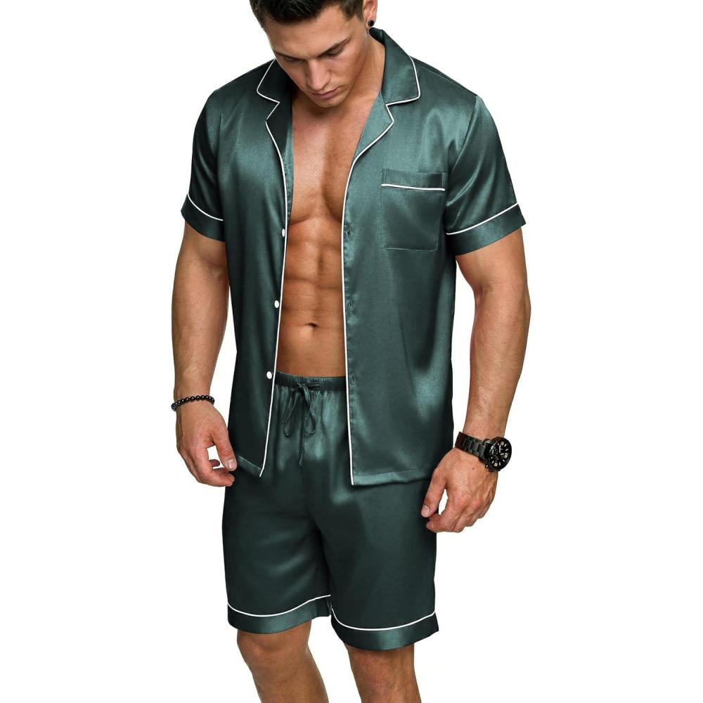 imageEkouaer Mens Silk Satin Pajamas Set Short Sleeve Sleepwear Lightweight Button Up Lounge Pjs Set with Pockets S4XLTeal