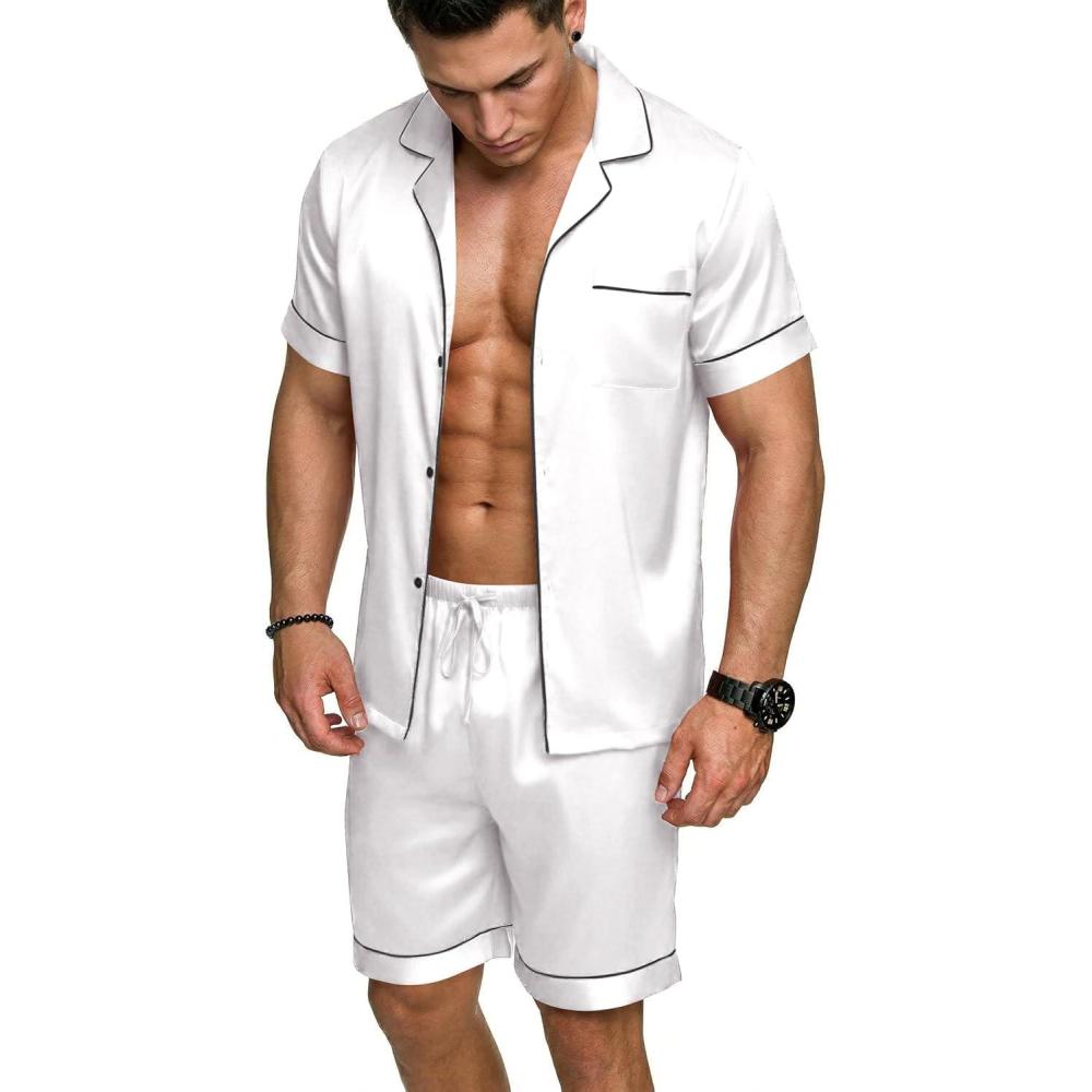 imageEkouaer Mens Silk Satin Pajamas Set Short Sleeve Sleepwear Lightweight Button Up Lounge Pjs Set with Pockets S4XLWhite