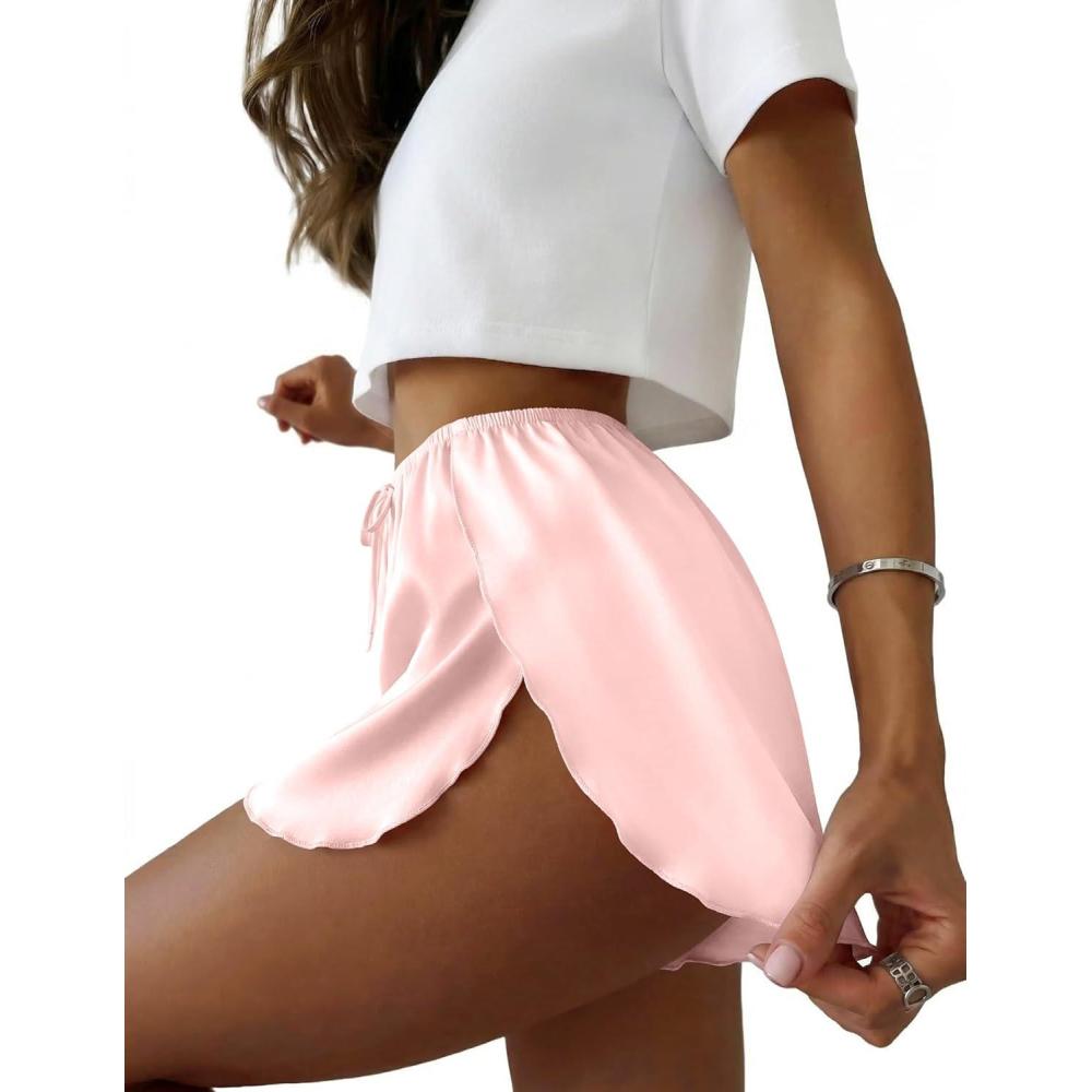 imageEkouaer Womens Satin Pajama Shorts Side Slit Silk PJ Shorts Ruffled Lounge Bottoms Sleep shortsPink