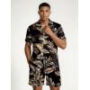 Ekouaer Mens Silk Satin Pajamas Set, Short Sleeve Sleepwear Lightweight Button Up Lounge Pjs Set with Pockets S-4XL(Gold Tropical Print)