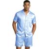 Ekouaer Mens Silk Satin Pajamas Set, Short Sleeve Sleepwear Lightweight Button Up Lounge Pjs Set with Pockets S-4XL(Light Blue)