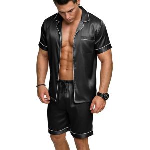 Ekouaer Mens Silk Satin Pajamas Set, Short Sleeve Sleepwear Lightweight Button Up Lounge Pjs Set with Pockets S-4XL(Black)