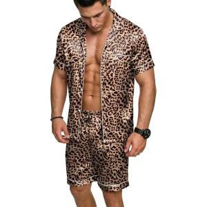 Ekouaer Mens Silk Satin Pajamas Set, Short Sleeve Sleepwear Lightweight Button Up Lounge Pjs Set with Pockets S-4XL(Brown Leopard)
