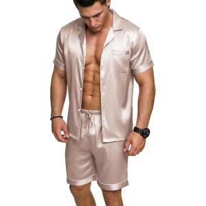 Ekouaer Mens Silk Satin Pajamas Set, Short Sleeve Sleepwear Lightweight Button Up Lounge Pjs Set with Pockets S-4XL(Champagne)