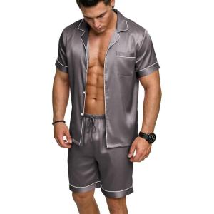 Ekouaer Mens Silk Satin Pajamas Set, Short Sleeve Sleepwear Lightweight Button Up Lounge Pjs Set with Pockets S-4XL(Dark Gray)