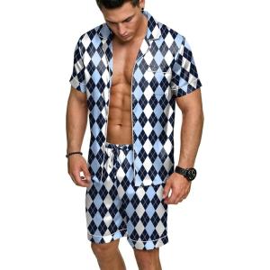 Ekouaer Mens Silk Satin Pajamas Set, Short Sleeve Sleepwear Lightweight Button Up Lounge Pjs Set with Pockets S-4XL(Diamond Pattern)