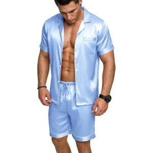 Ekouaer Mens Silk Satin Pajamas Set, Short Sleeve Sleepwear Lightweight Button Up Lounge Pjs Set with Pockets S-4XL(Light Blue)