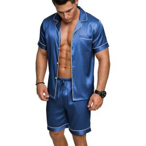 Ekouaer Mens Silk Satin Pajamas Set, Short Sleeve Sleepwear Lightweight Button Up Lounge Pjs Set with Pockets S-4XL(Navy Blue)