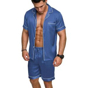 Ekouaer Mens Silk Satin Pajamas Set, Short Sleeve Sleepwear Lightweight Button Up Lounge Pjs Set with Pockets S-4XL(Slate Blue)