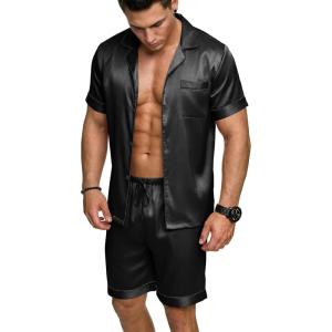Ekouaer Mens Silk Satin Pajamas Set, Short Sleeve Sleepwear Lightweight Button Up Lounge Pjs Set with Pockets S-4XL(Solid Black)