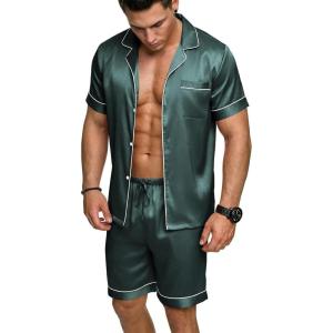Ekouaer Mens Silk Satin Pajamas Set, Short Sleeve Sleepwear Lightweight Button Up Lounge Pjs Set with Pockets S-4XL(Teal)
