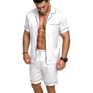 Ekouaer Mens Silk Satin Pajamas Set, Short Sleeve Sleepwear Lightweight Button Up Lounge Pjs Set with Pockets S-4XL(White)