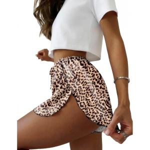 Ekouaer Womens Satin Pajama Shorts Side Slit Silk PJ Shorts Ruffled Lounge Bottoms Sleep shorts(Brown Leopard)