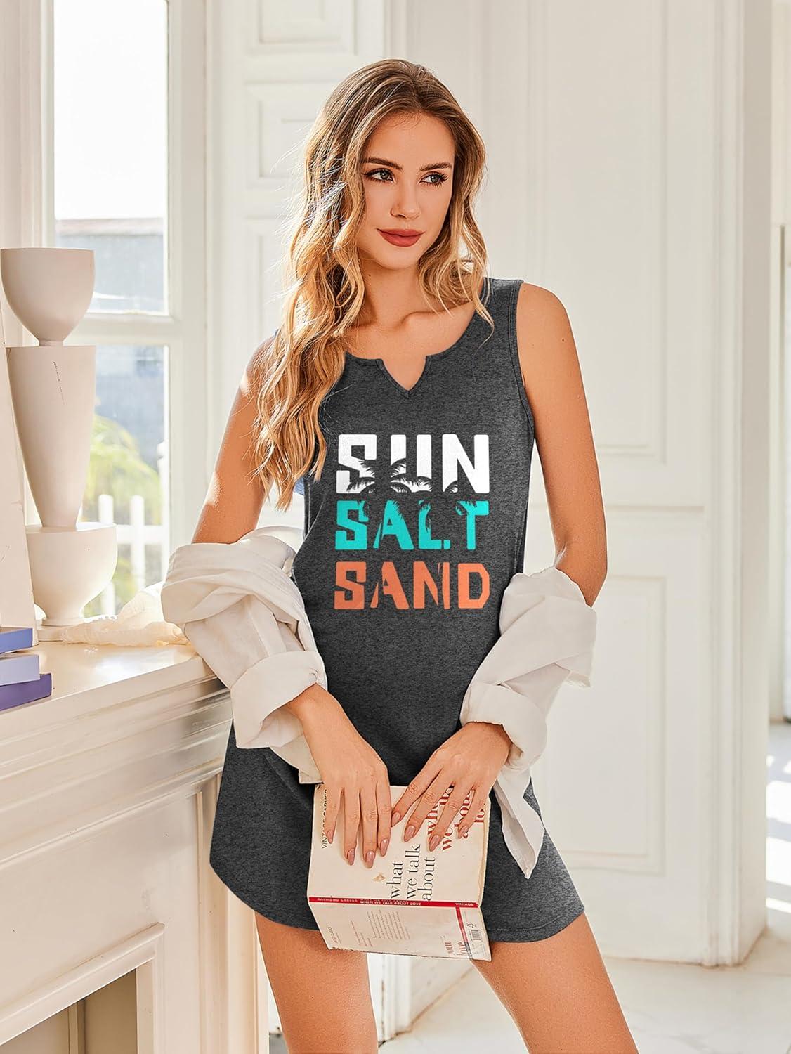 imageEkouaer Nightgowns for Women 2 Pack Tank Night Gown Sleeveless Sleep Shirt V Neck Chemise Soft Night Shirt Ladies Sleep DressNavyGray Letter