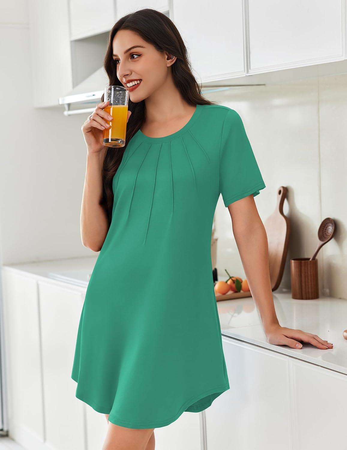imageEkouaer Nightgowns for Women Pleated Nightshirts Short Sleeve Sleepshirts Crew Neck Sleepwear Soft Night Gown SleepdressLight Green