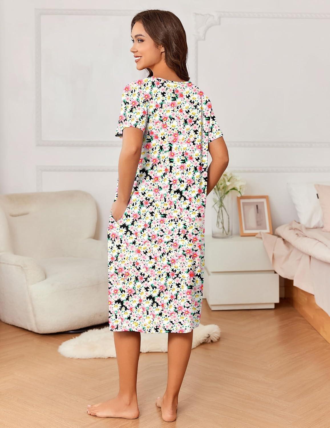 imageEkouaer Nightgowns for Women with Pockets House Dress Pleated Night Gowns Short Sleeve Lounge Dress Floral Mumu Dress S3XLDaisy Pink