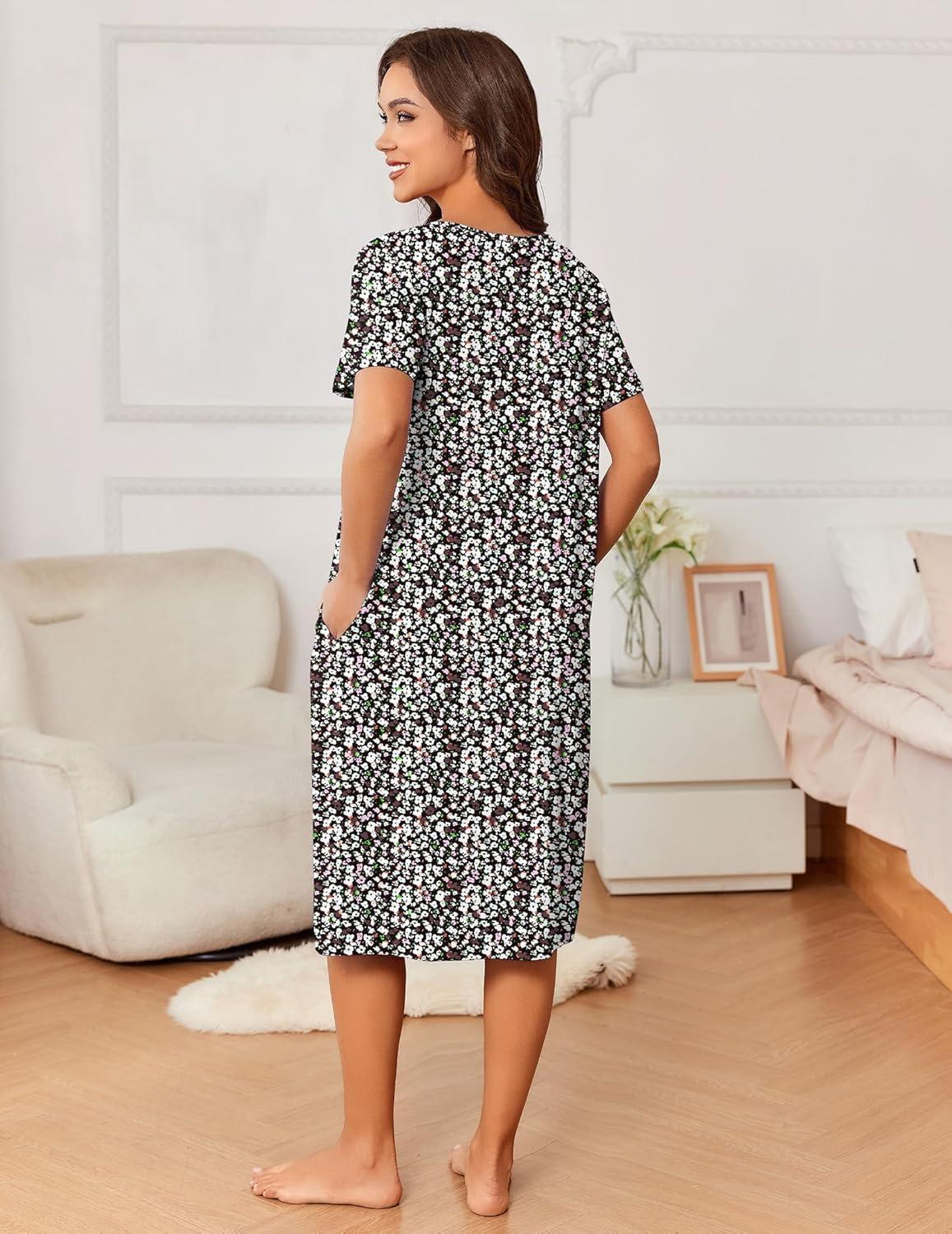 imageEkouaer Nightgowns for Women with Pockets House Dress Pleated Night Gowns Short Sleeve Lounge Dress Floral Mumu Dress S3XLDense Floral Black