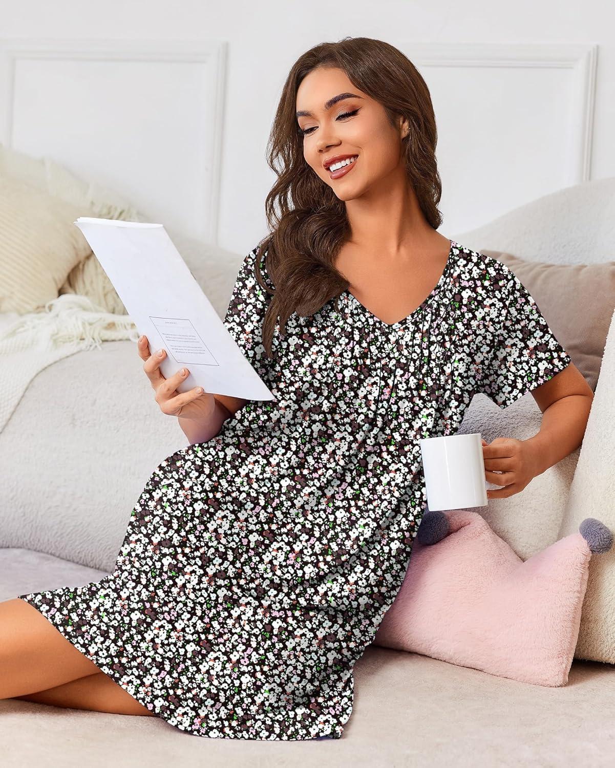 imageEkouaer Nightgowns for Women with Pockets House Dress Pleated Night Gowns Short Sleeve Lounge Dress Floral Mumu Dress S3XLDense Floral Black
