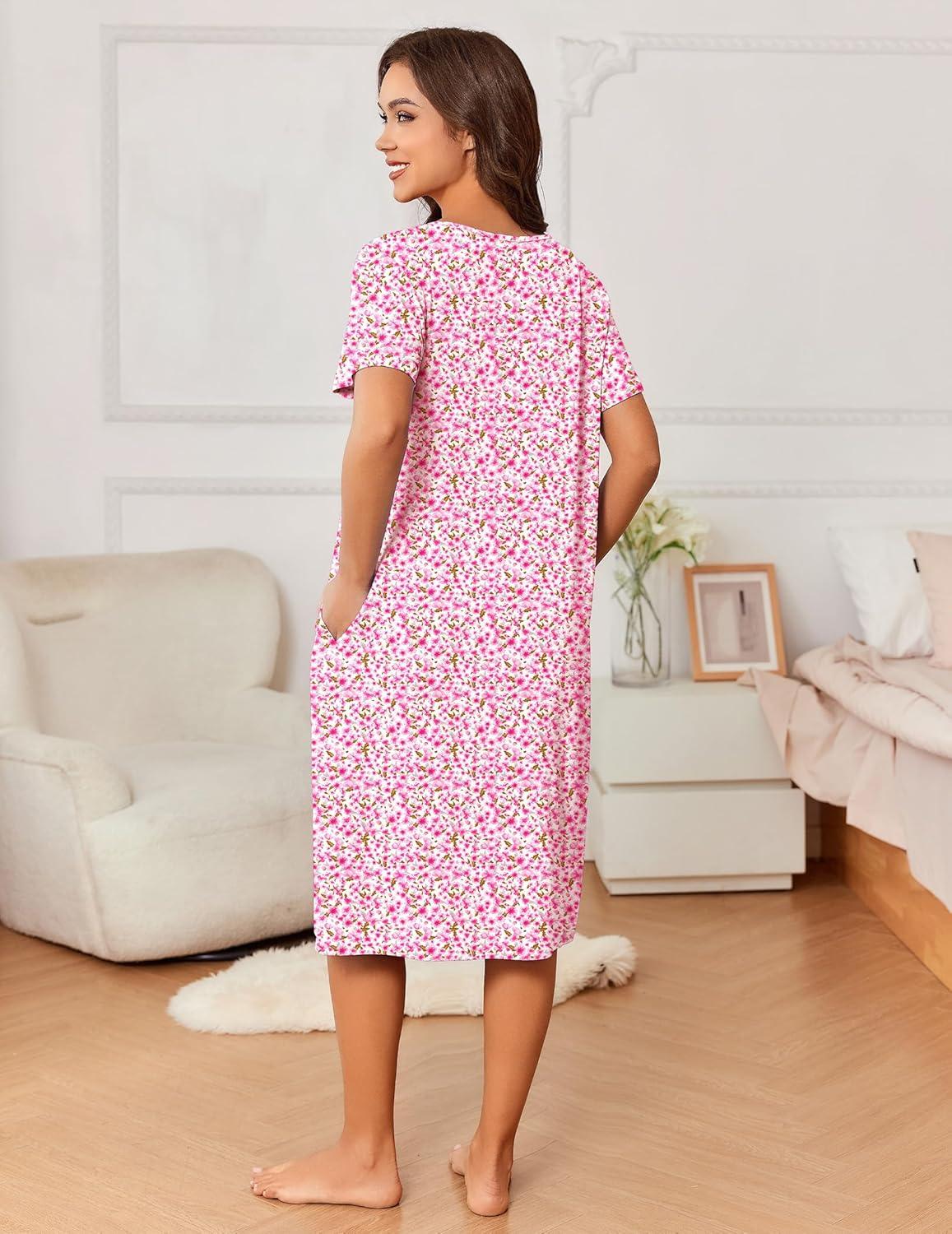 imageEkouaer Nightgowns for Women with Pockets House Dress Pleated Night Gowns Short Sleeve Lounge Dress Floral Mumu Dress S3XLDense Floral Pink