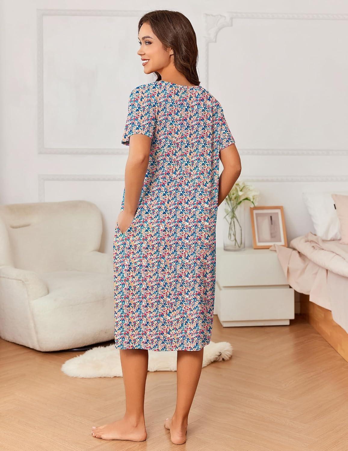 imageEkouaer Nightgowns for Women with Pockets House Dress Pleated Night Gowns Short Sleeve Lounge Dress Floral Mumu Dress S3XLDense Floral Red