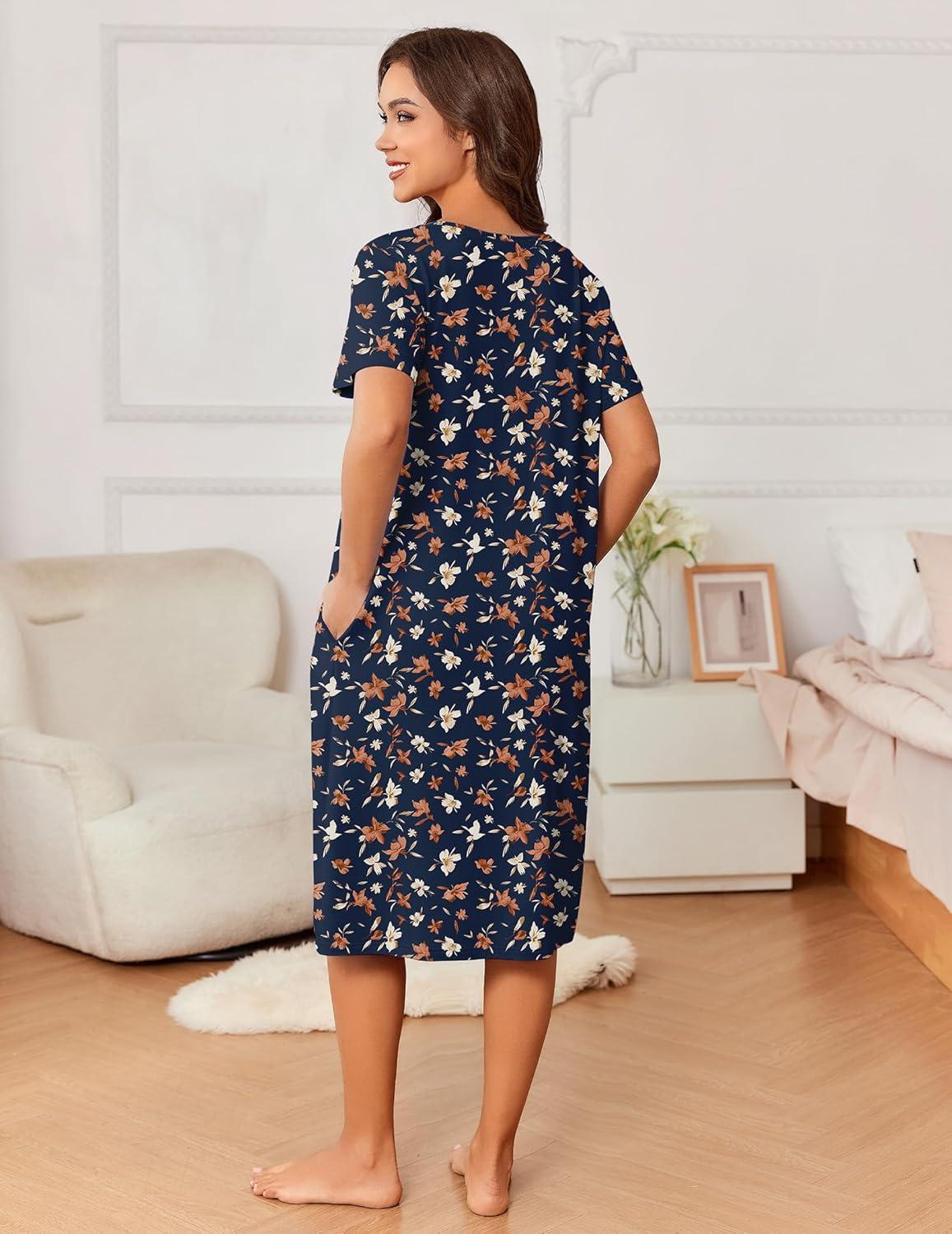 imageEkouaer Nightgowns for Women with Pockets House Dress Pleated Night Gowns Short Sleeve Lounge Dress Floral Mumu Dress S3XLFloral Navy Blue