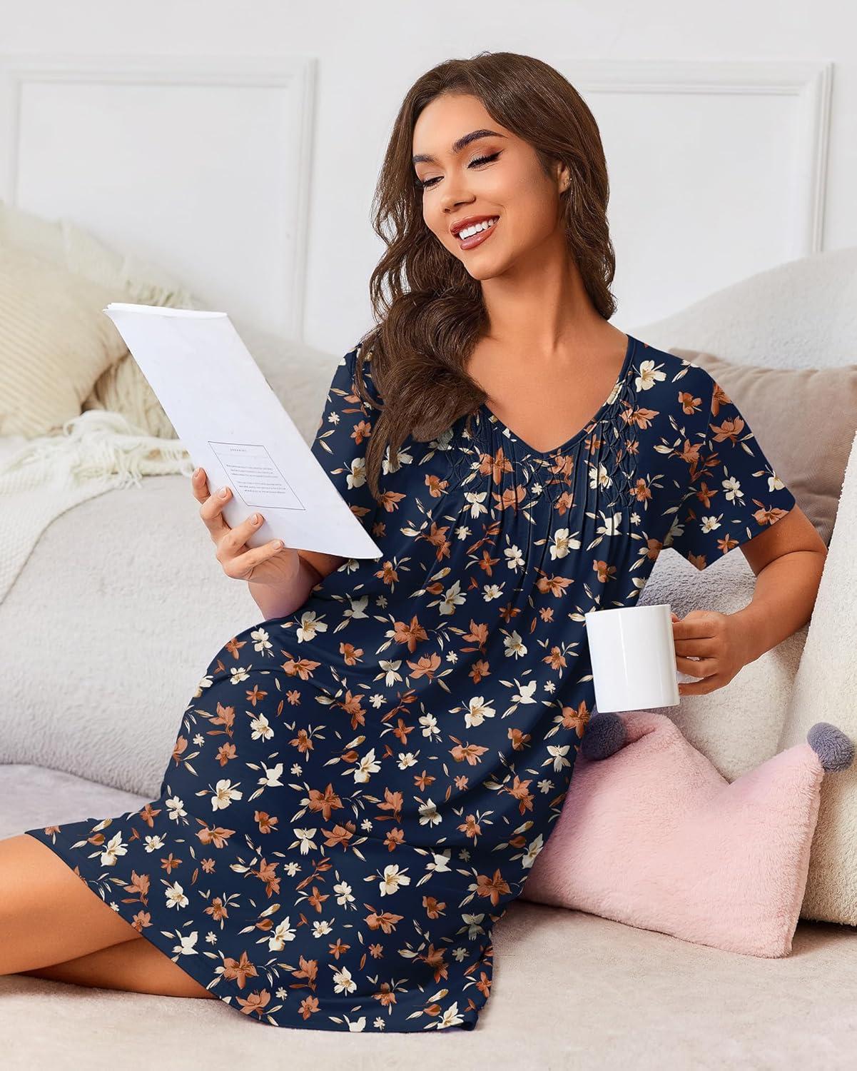 imageEkouaer Nightgowns for Women with Pockets House Dress Pleated Night Gowns Short Sleeve Lounge Dress Floral Mumu Dress S3XLFloral Navy Blue
