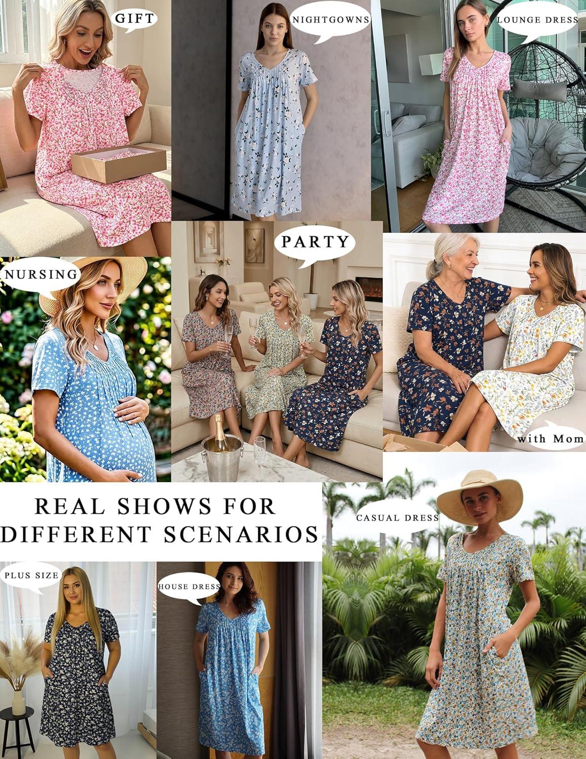 imageEkouaer Nightgowns for Women with Pockets House Dress Pleated Night Gowns Short Sleeve Lounge Dress Floral Mumu Dress S3XLFlower Blue