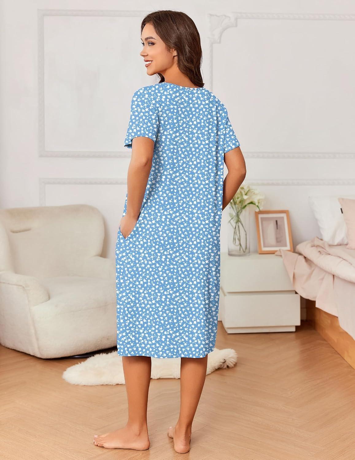 imageEkouaer Nightgowns for Women with Pockets House Dress Pleated Night Gowns Short Sleeve Lounge Dress Floral Mumu Dress S3XLFlower Blue