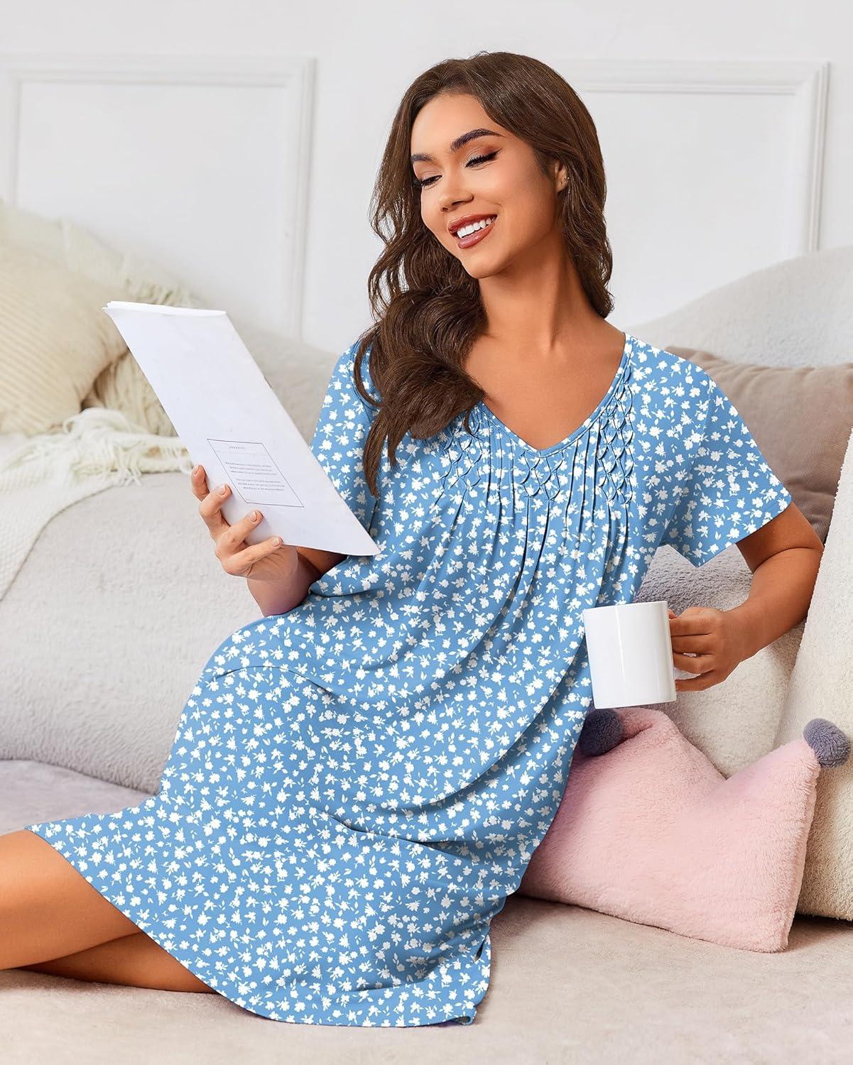 imageEkouaer Nightgowns for Women with Pockets House Dress Pleated Night Gowns Short Sleeve Lounge Dress Floral Mumu Dress S3XLFlower Blue