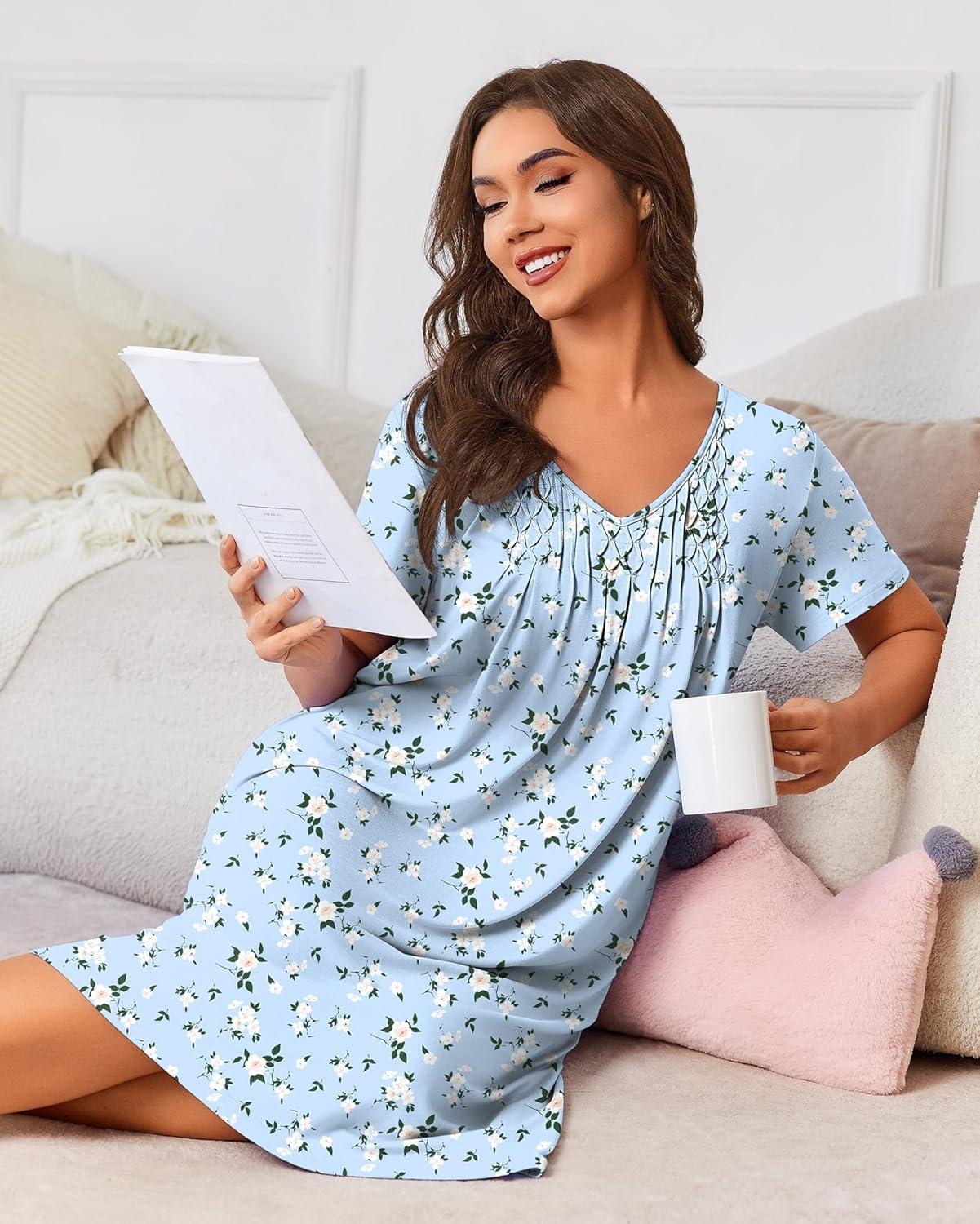 imageEkouaer Nightgowns for Women with Pockets House Dress Pleated Night Gowns Short Sleeve Lounge Dress Floral Mumu Dress S3XLFlower Clusters Blue