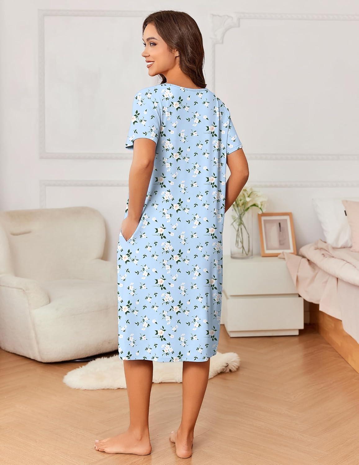 imageEkouaer Nightgowns for Women with Pockets House Dress Pleated Night Gowns Short Sleeve Lounge Dress Floral Mumu Dress S3XLFlower Clusters Blue